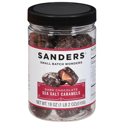 Jar of Sanders Dark Chocolate Sea Salt Caramels on a white background